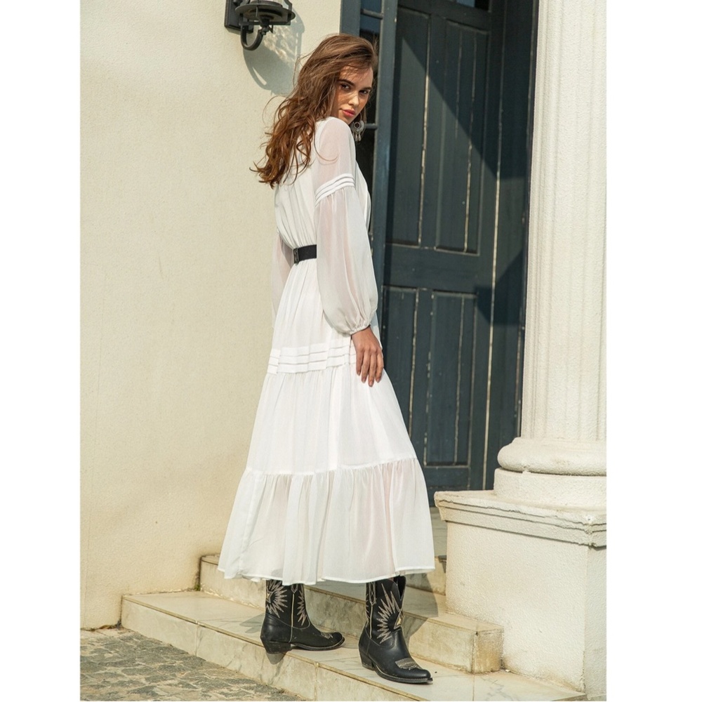 White Bohemian Maxi Dress Chiffon Neck Ties Long Sleeve Ruffle Hem Flowy - Picture 6 of 10